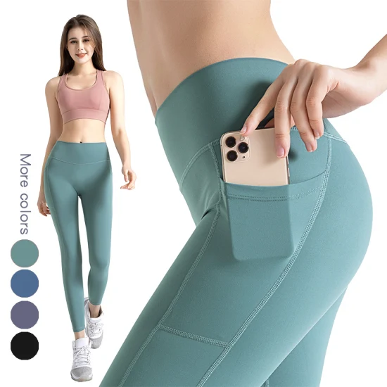 Calças femininas de yoga fitness cintura alta levantamento de quadril pêssego quadris bolsos laterais duplos calças esportivas nuas treino leggings pretas